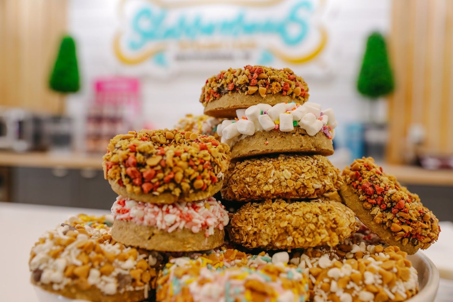 A stack of cookies sitting on top of each other on a table.