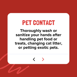 A sign that says pet contact thoroughly wash or sanitize your hands after handling pet food or treats