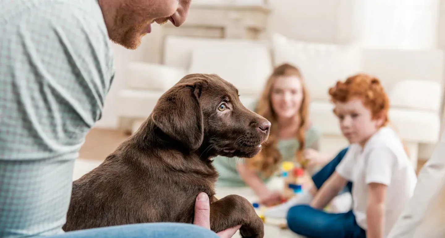 A man is holding a puppy in front of a family.