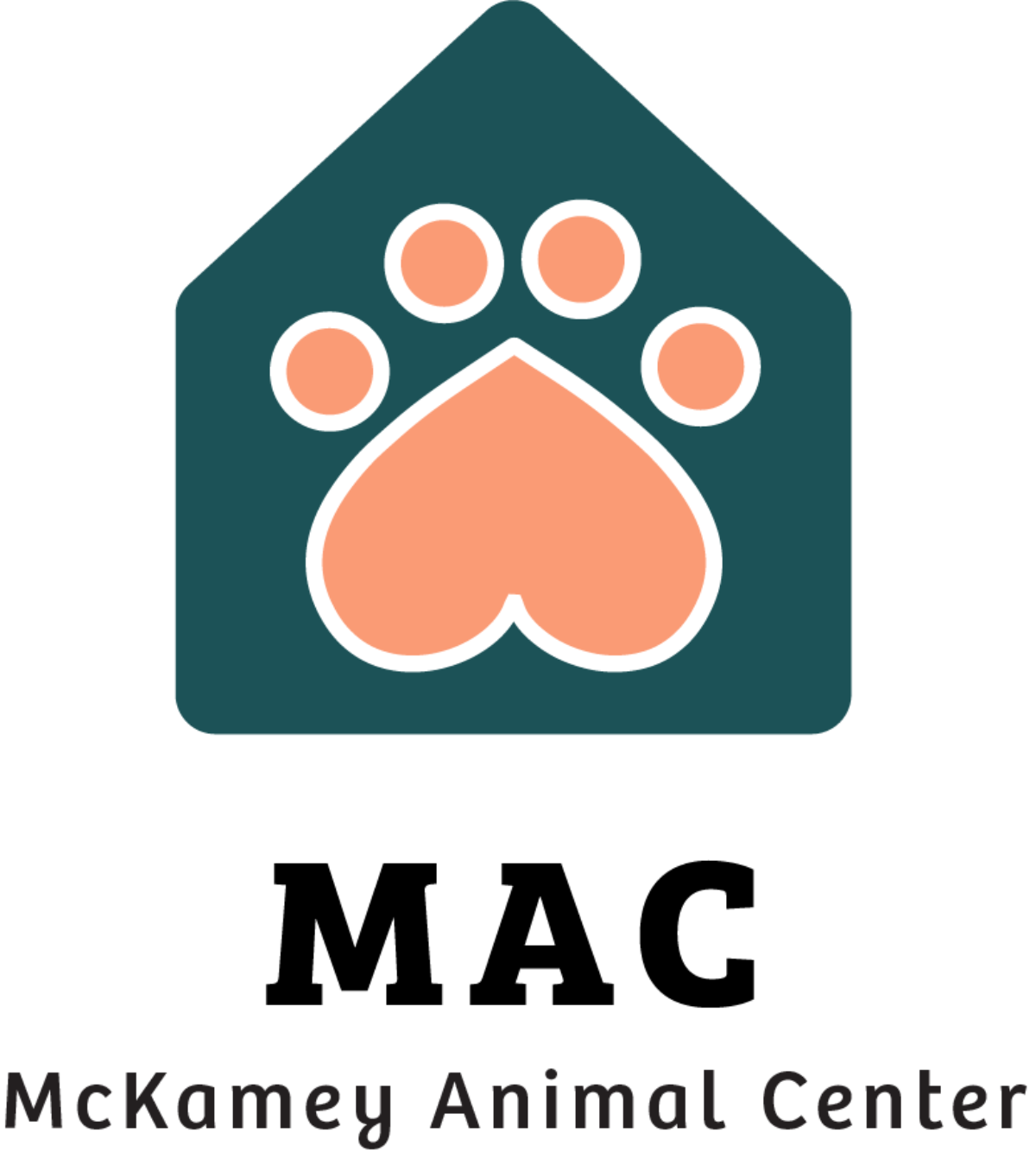 A logo for a mckamey animal center with a paw print in the shape of a heart.