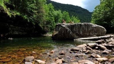 A river with a large rock in the middle of it and mountains in the background.
