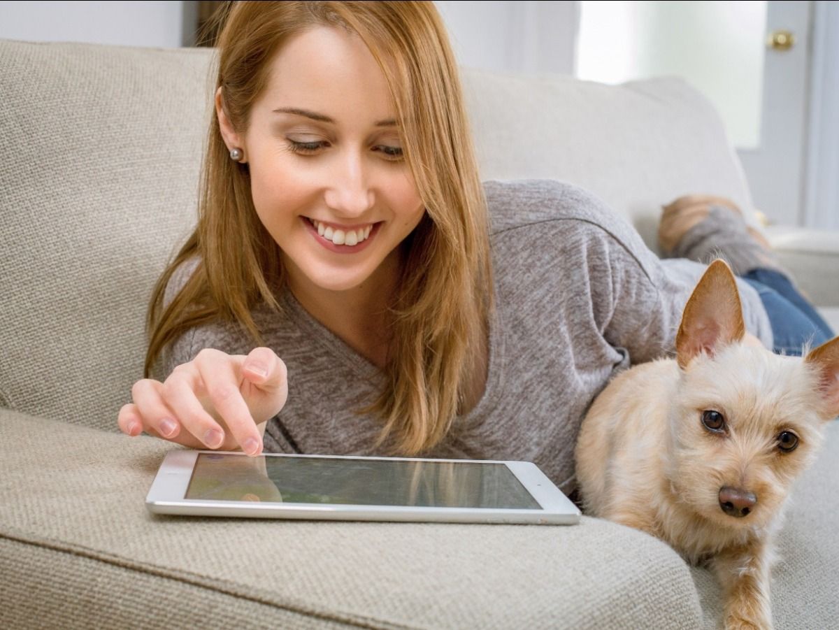 A woman is laying on a couch with a dog and using a tablet.