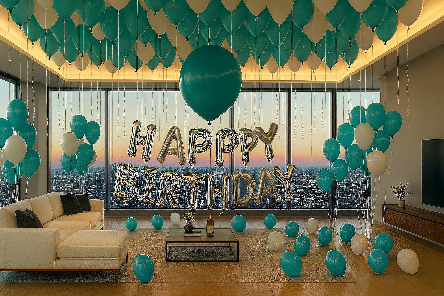Living room decorated with teal and white balloons, 