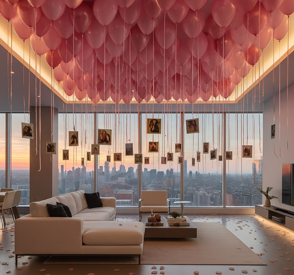 Pink balloons cover the ceiling of a modern apartment with city views and photos hanging from ribbons.