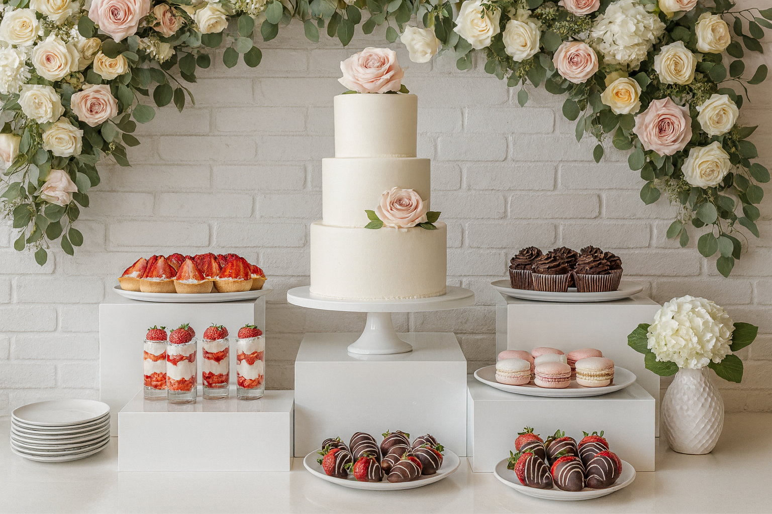 Dessert display: tiered cake, pastries, strawberries, and flowers on white pedestals against a floral arch backdrop.