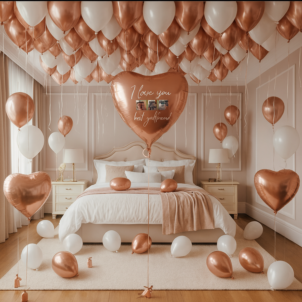 Bedroom decorated with white and rose gold balloons for a celebration. A large heart-shaped balloon hangs above the bed.