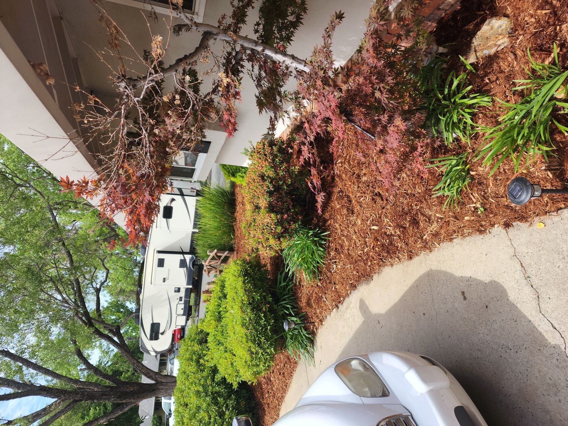 A white car is parked in front of a house