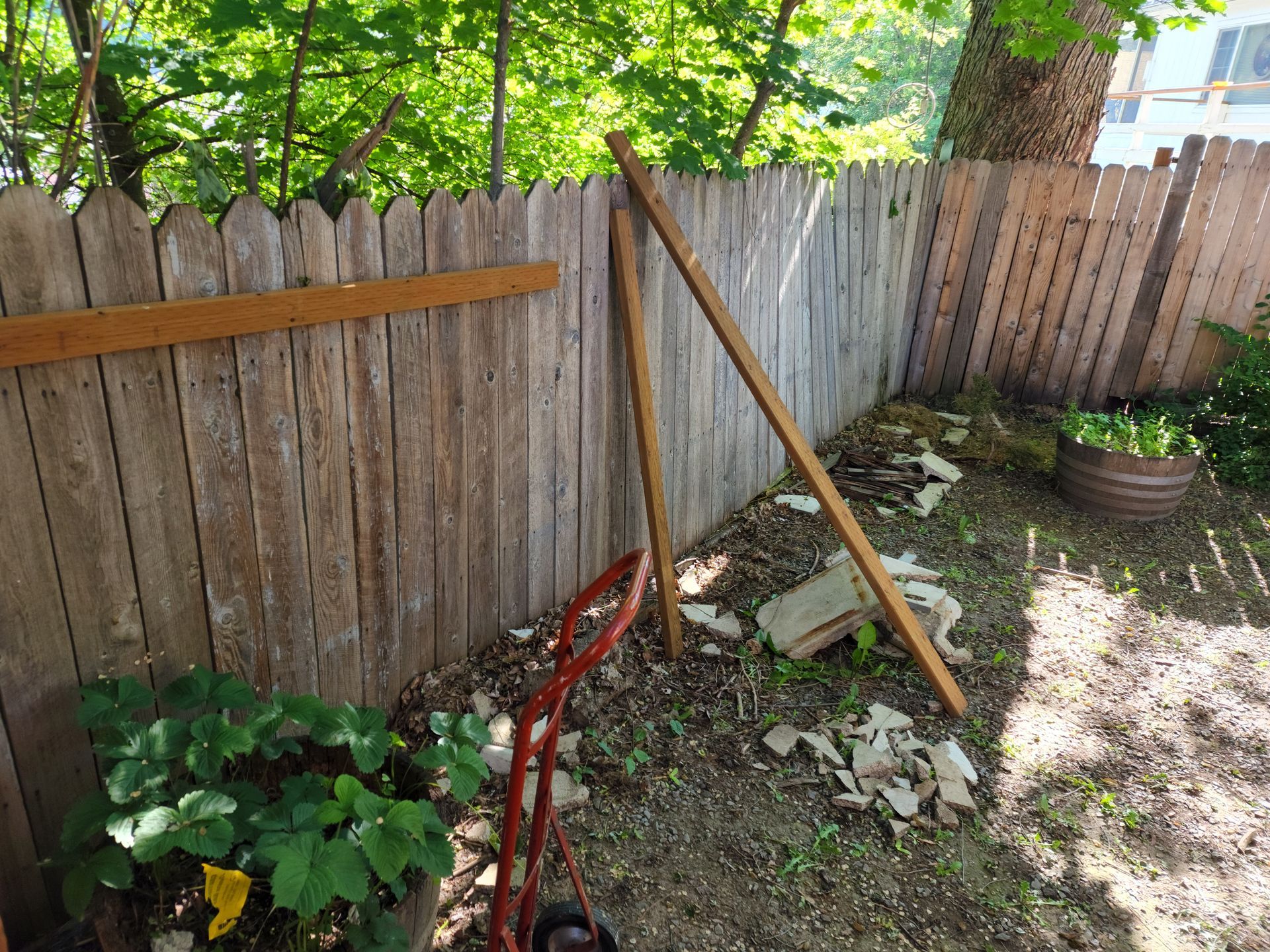 A wooden fence is being built in a backyard.