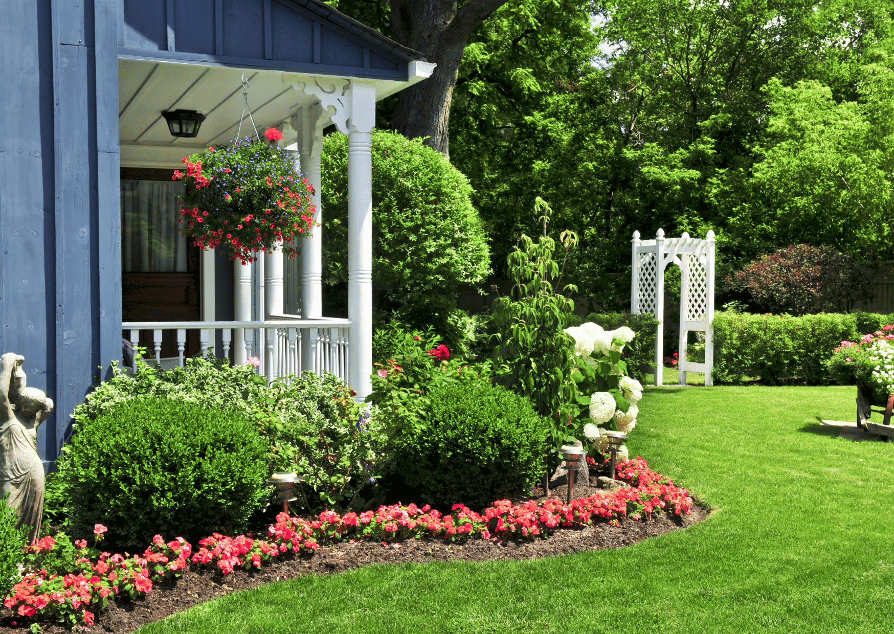 A blue house with a white porch and a lush green yard