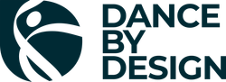 Logo for Dance By Design: dancing figure in teal circle, teal text.