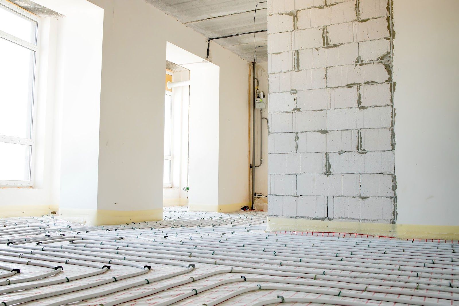 Interior construction site: white walls, exposed concrete ceiling, radiant floor heating system, unfinished block wall.