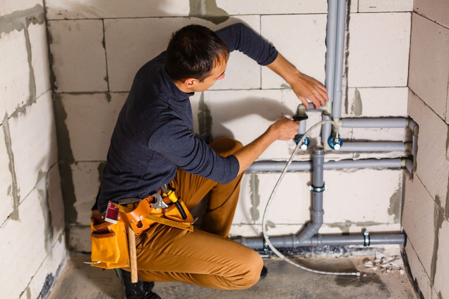 A plumber is working on a pipe in a bathroom.