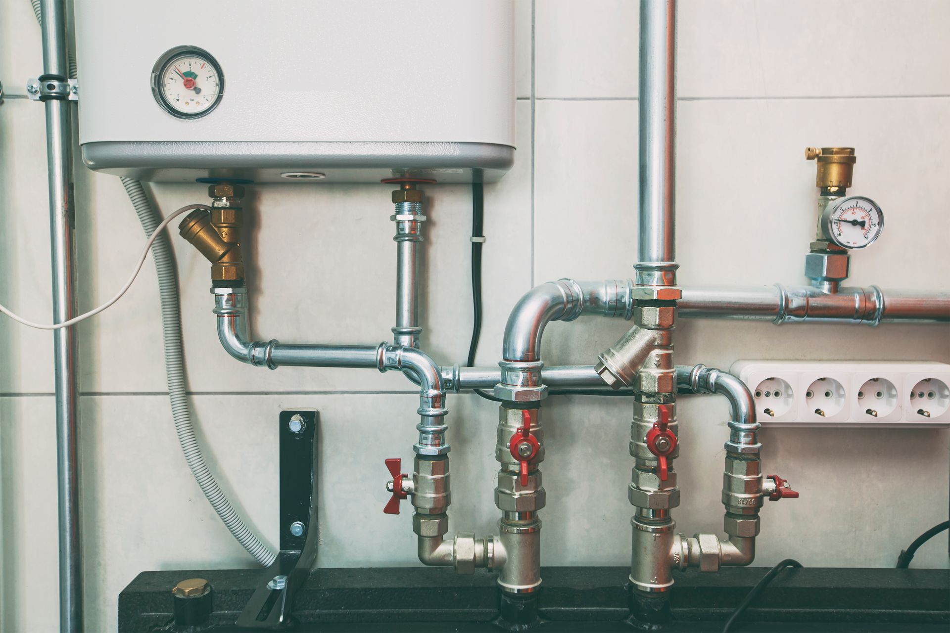 Industrial pipes and valves with gauges in a utility room under a wall-mounted boiler