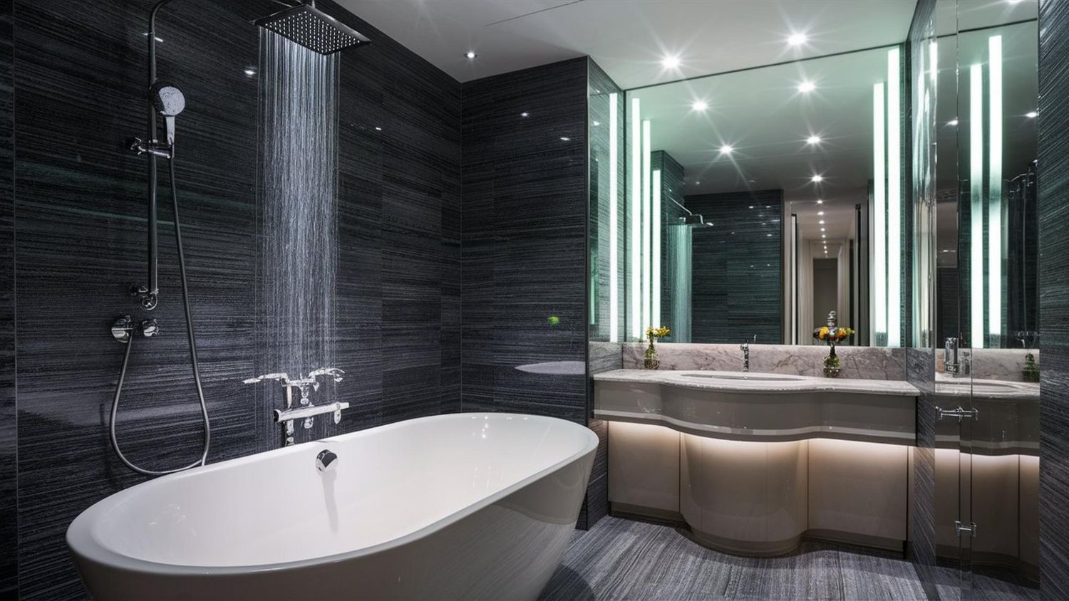 A bathroom with a bathtub, sink and shower.