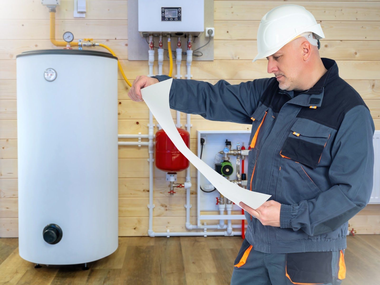 Man in work clothes and hard hat examines a paper in front of a water heater, boiler, and pipes.