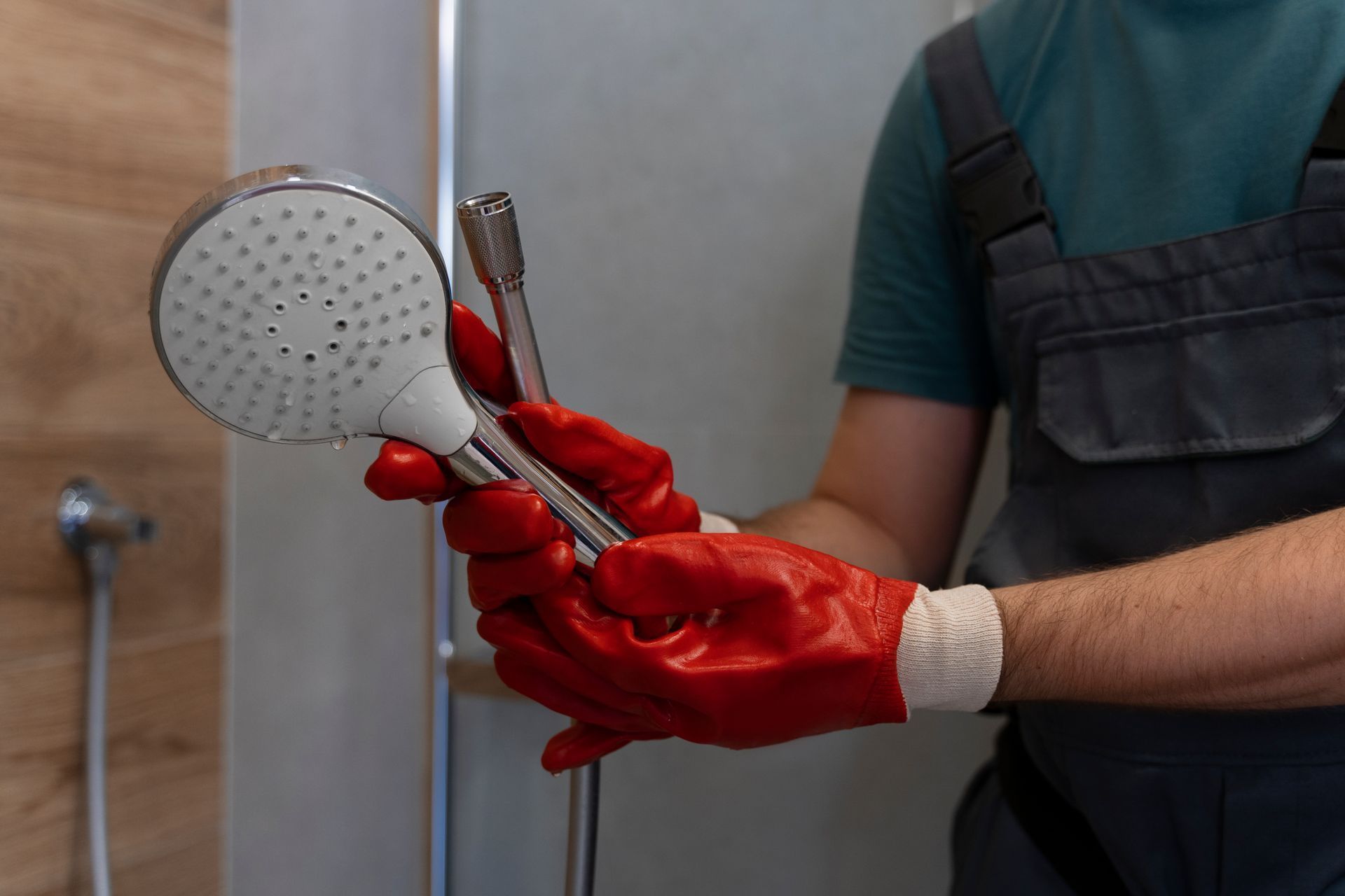 A man wearing red gloves is holding a shower head in a bathroom.