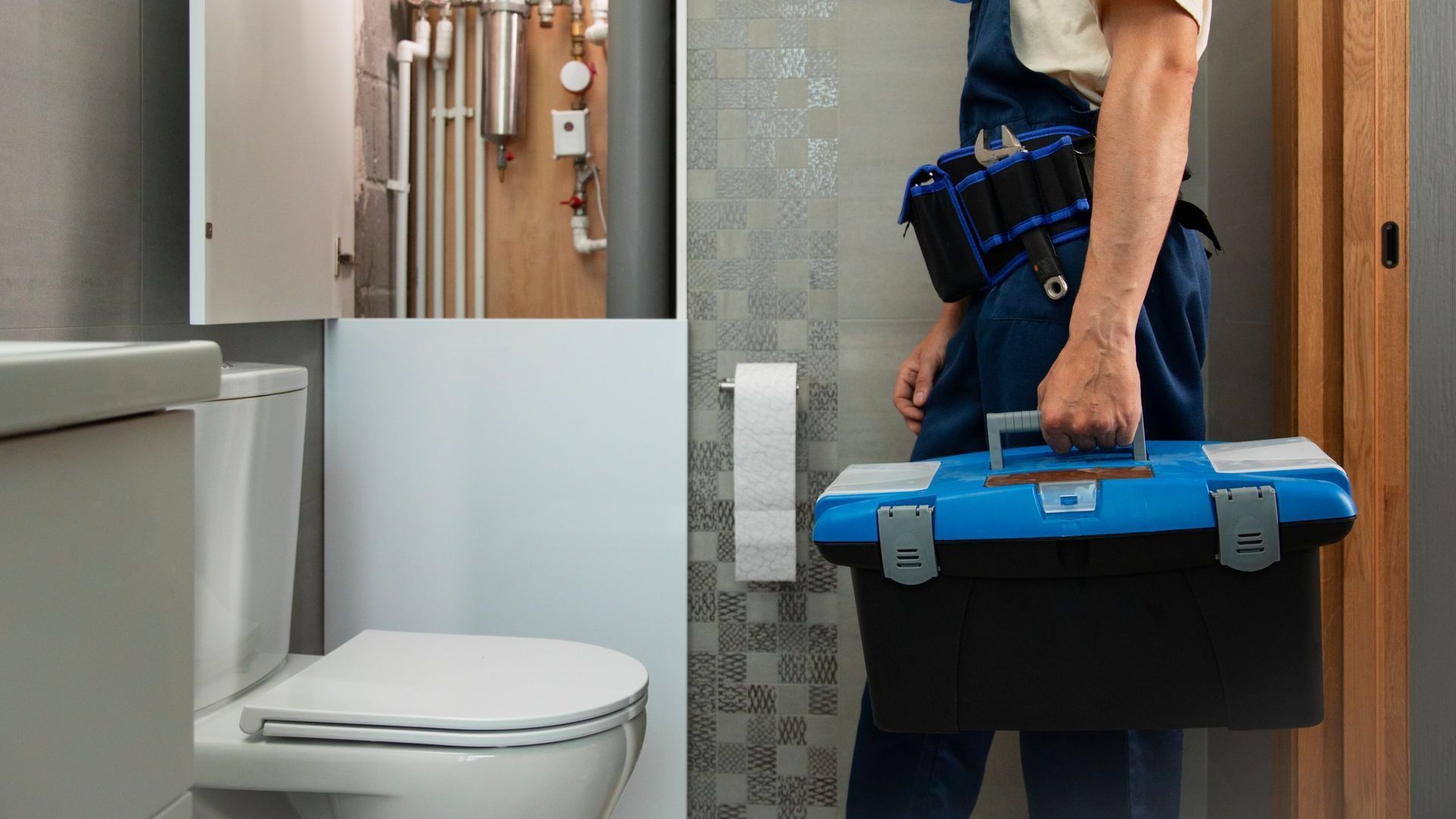 A plumber is holding a toolbox in a bathroom next to a toilet.