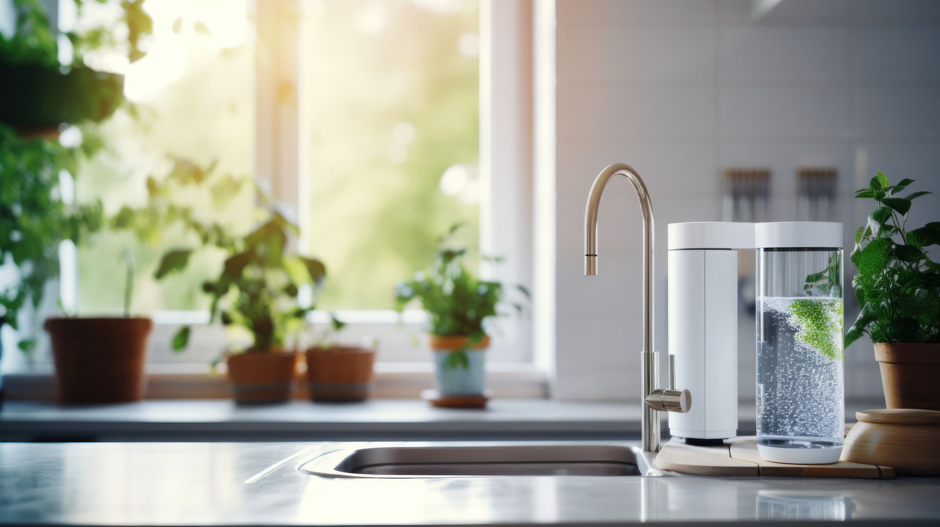 A kitchen counter with a sink and a water filter.