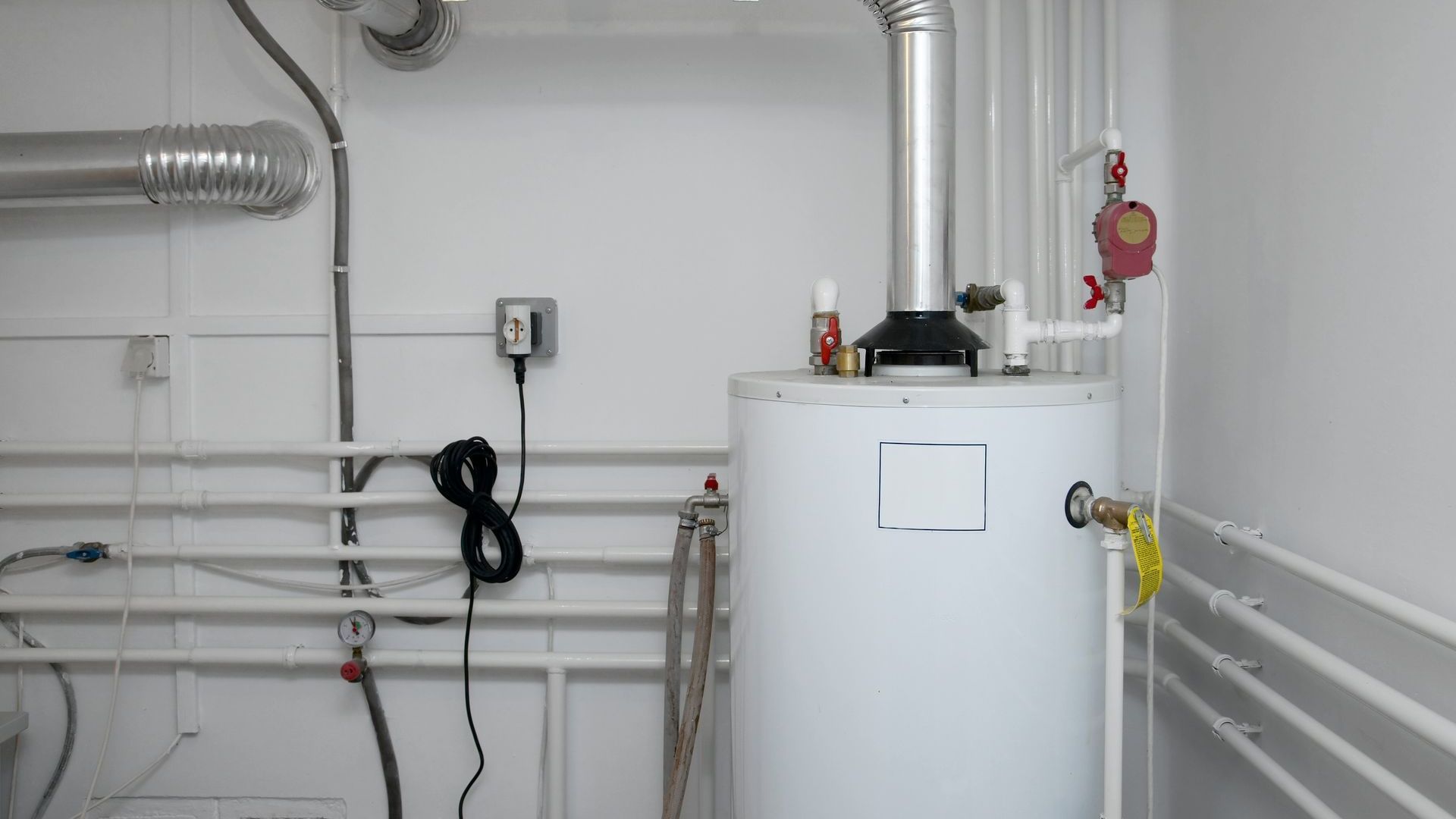 There is a water heater in the corner of the room.