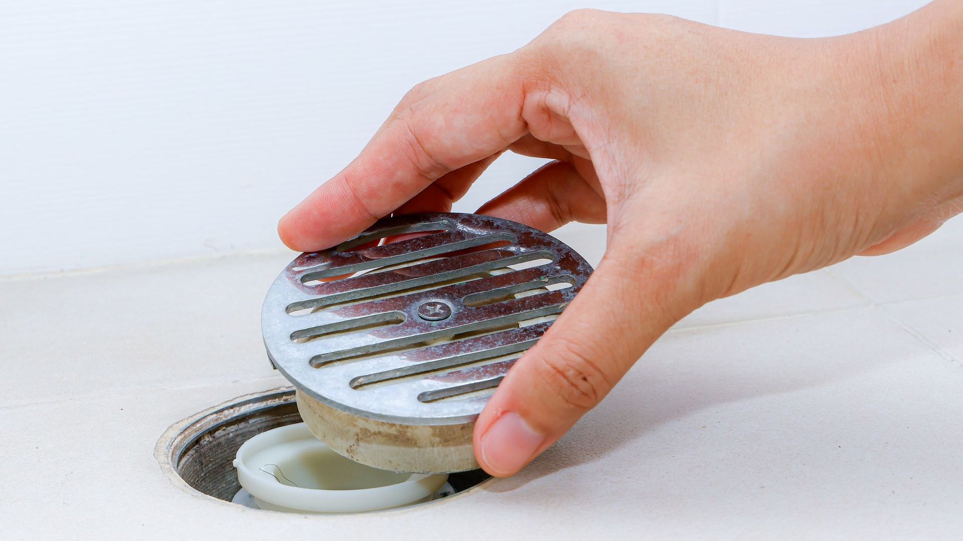 A person is holding a drain cover in their hand.