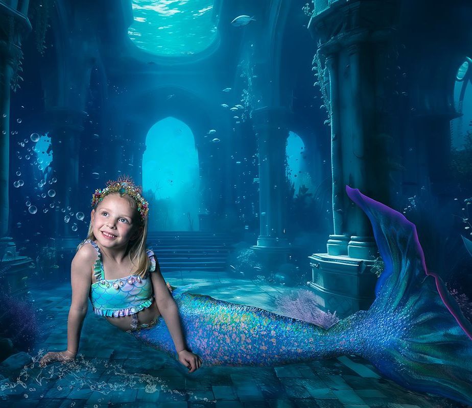 Child dressed as a mermaid during the Mermaids and Unicorns fantasy photoshoot at Oakley Studios, Luton