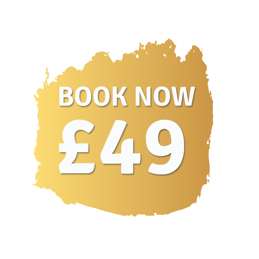 A gold sticker that says `` book now £ 49 '' on a white background.