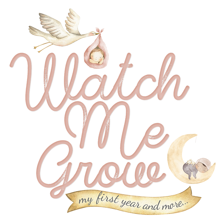 A picture of a stork carrying a baby with the words watch me grow my first year and more