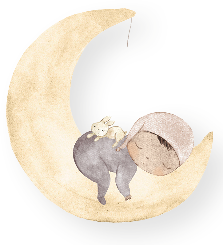 A baby is sleeping on a crescent moon with a rabbit on his back