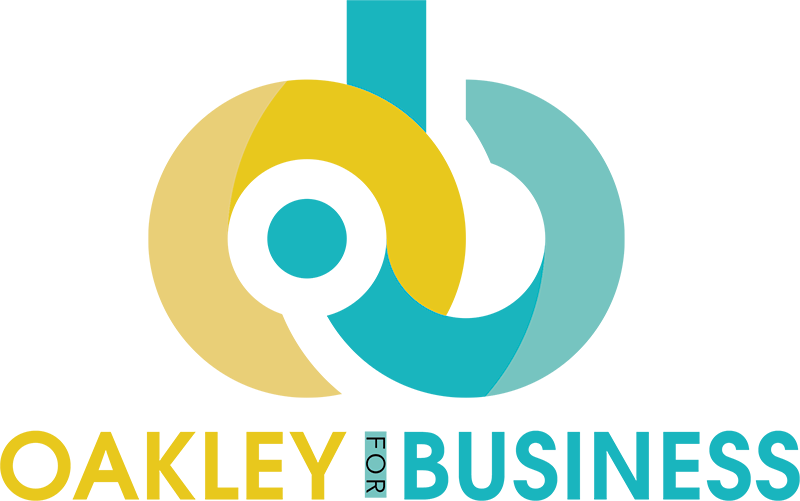 A logo for oakley for business with a yellow and blue logo