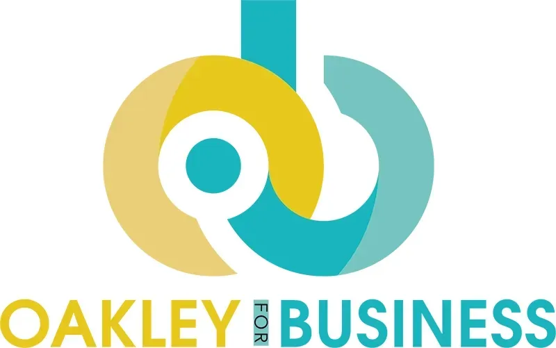 A logo for oakley for business with a yellow and blue circle