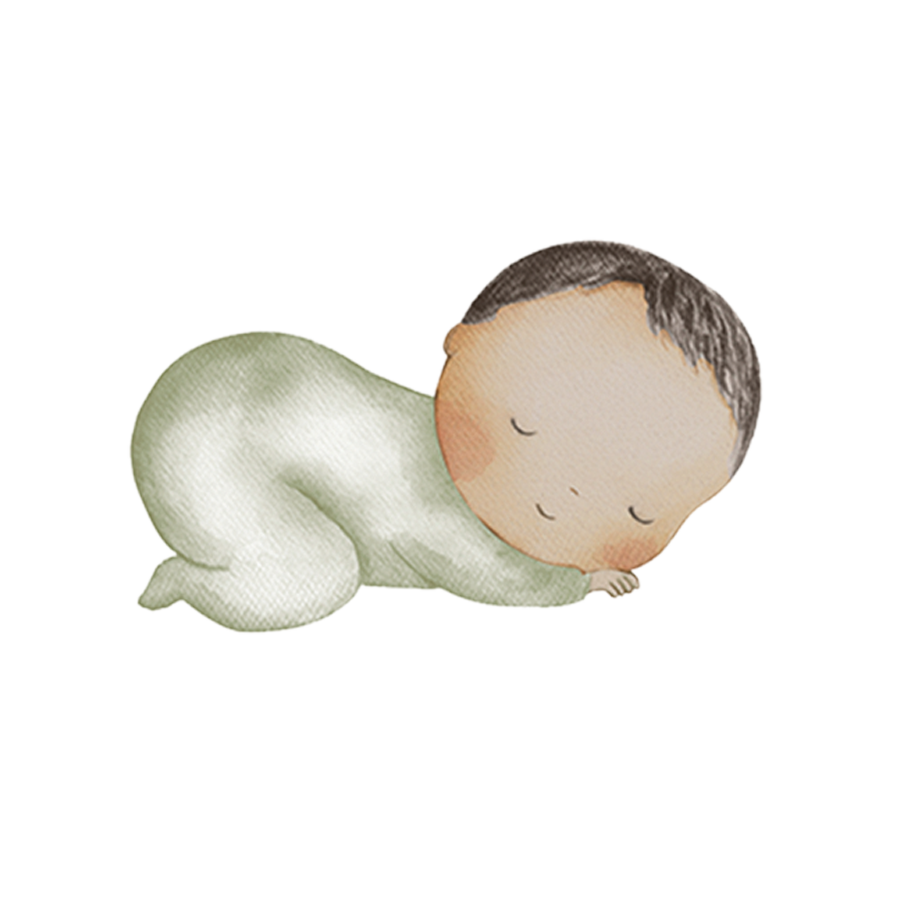 A baby is sleeping on its stomach on a white background