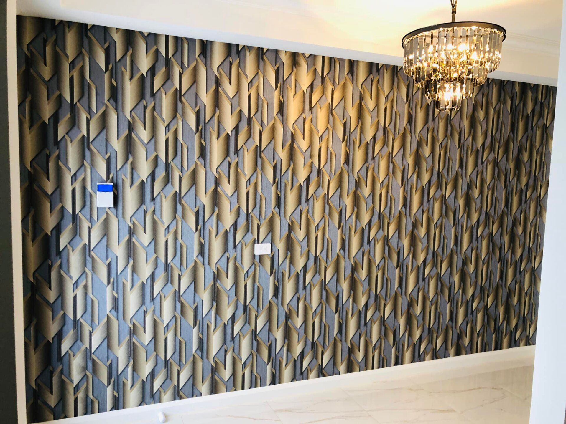 custom designed wallpaper installed in open kitchen