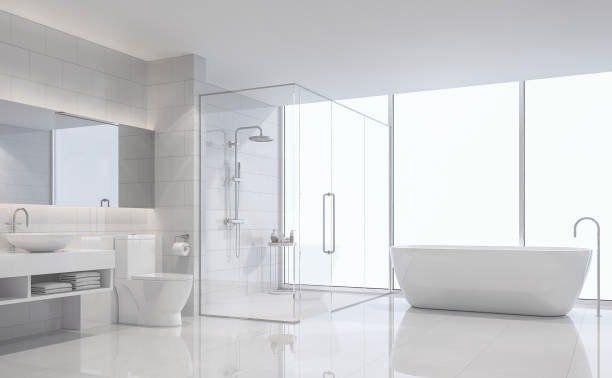 Modern, all-white bathroom with shower, tub, toilet, sink, and large window.