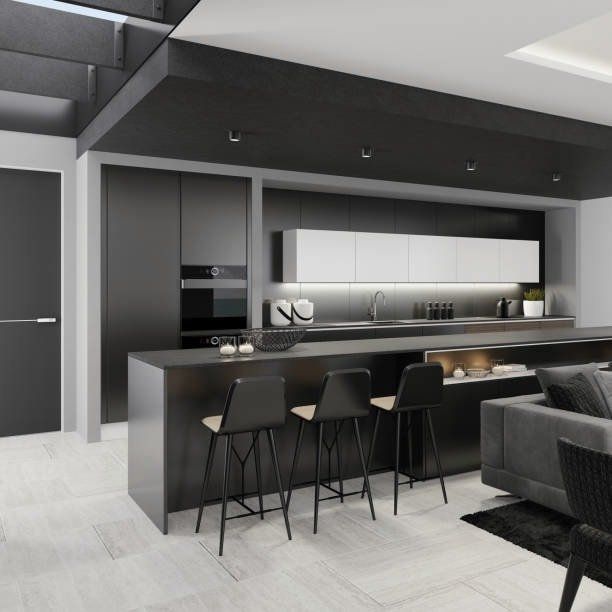 Modern black and white kitchen with island bar, stools, and built-in appliances.