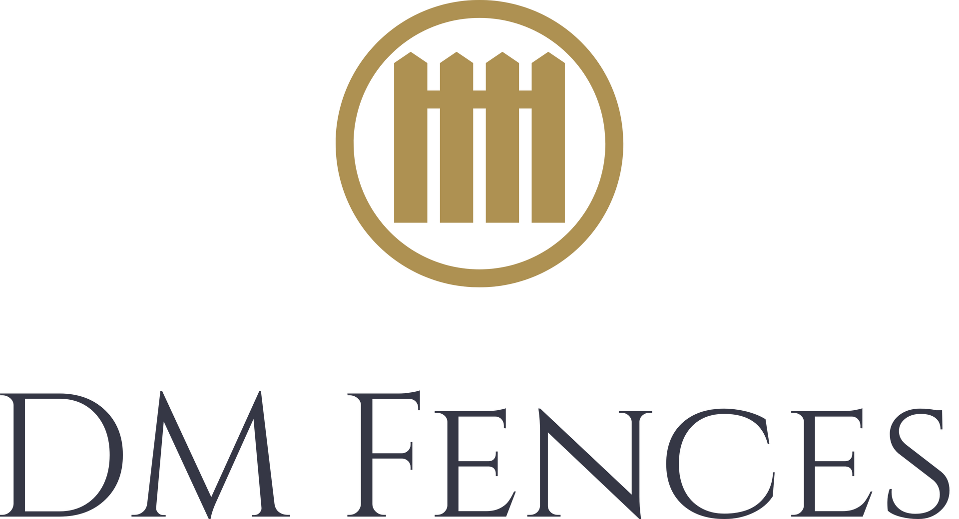 Logo for DM Fences: Brown fence icon within a gold circle, company name in dark gray text below.