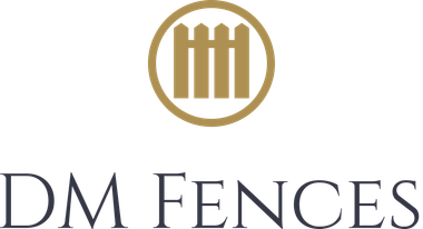 Logo for DM Fences: Brown fence icon within a gold circle, company name in dark gray text below.