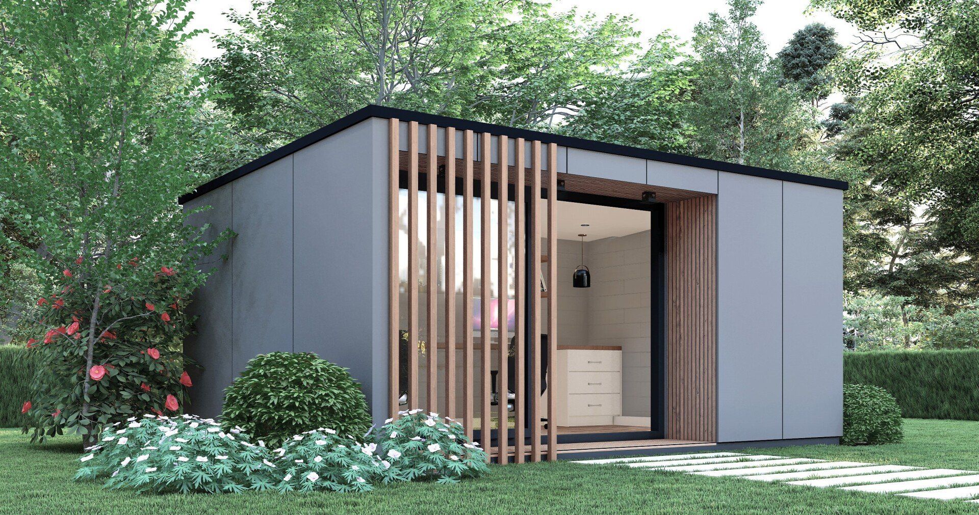 Modern gray backyard cabin with wooden accents, open door, surrounded by greenery.