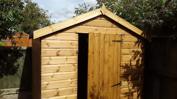 Wooden shed with open door in a sunny backyard.
