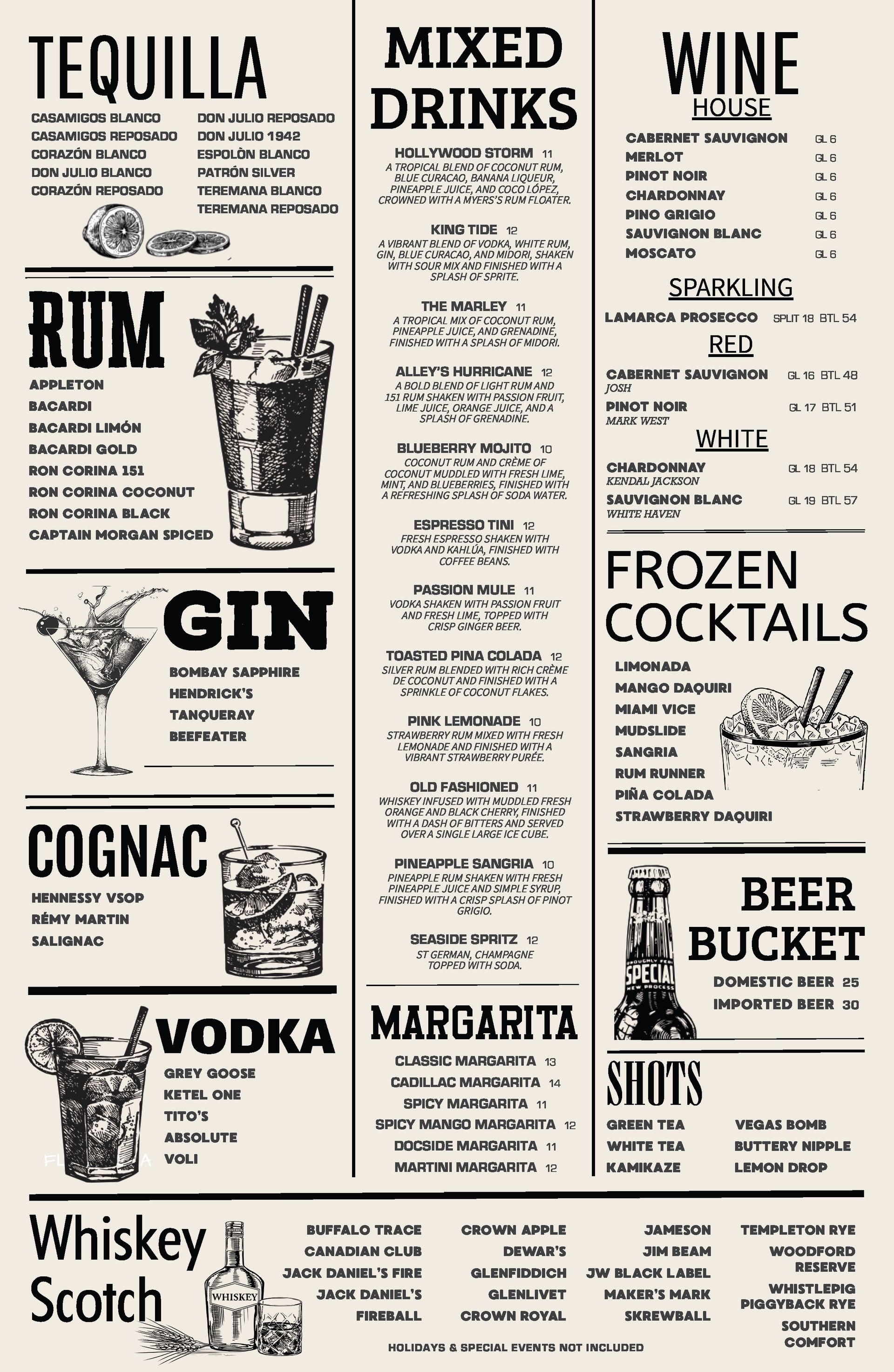 A menu for a restaurant with a variety of drinks on it