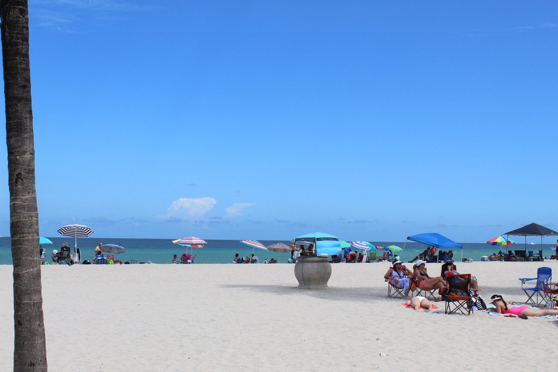 A group of people are sitting under umbrellas on a beach.