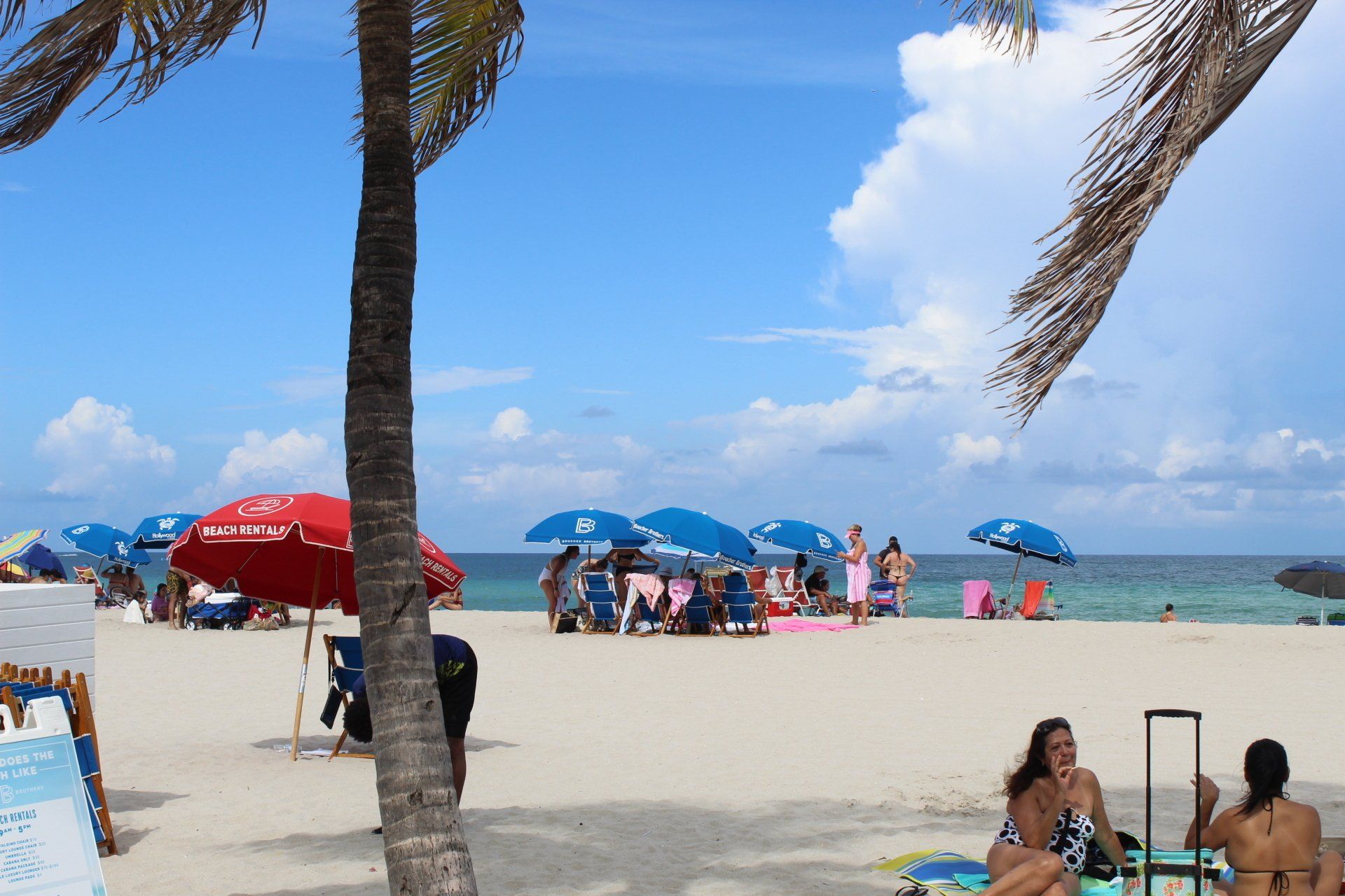 A group of people are sitting on a beach under umbrellas.