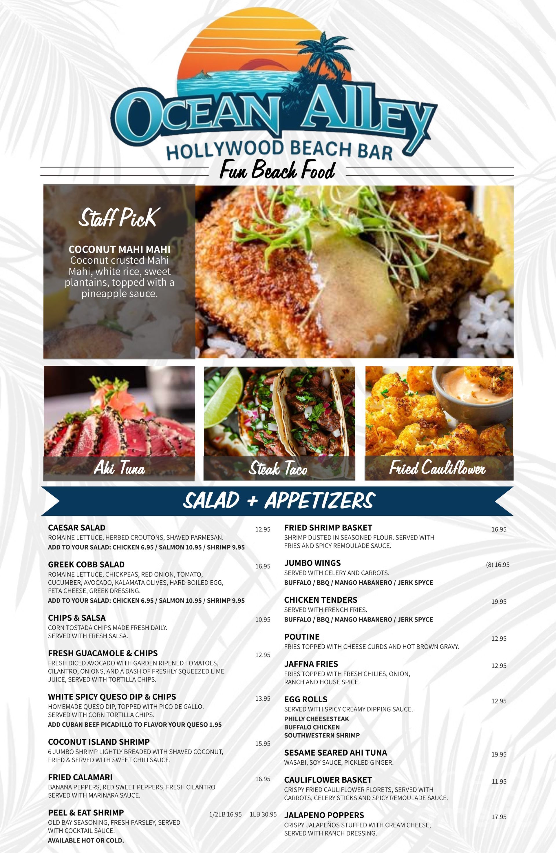 A menu for ocean alley hollywood beach bar and fun beach food.
