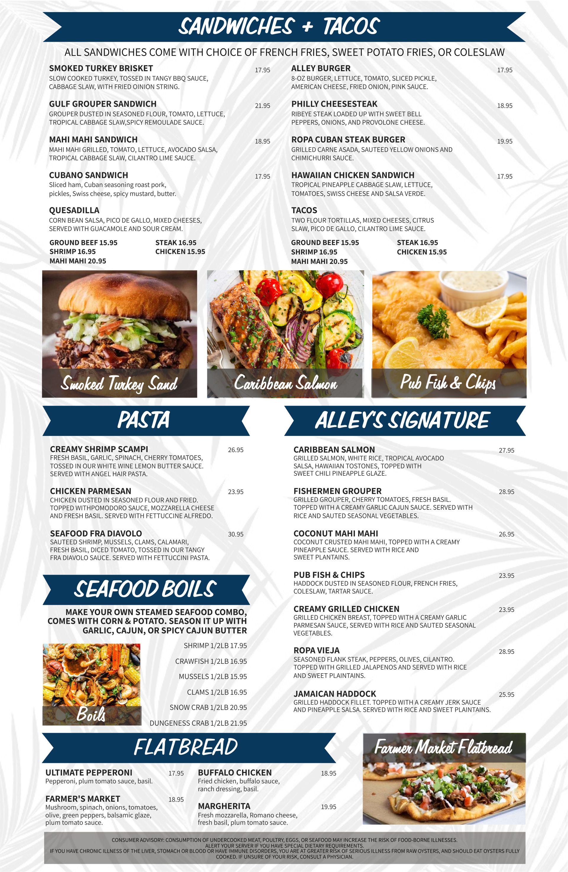 A menu for a restaurant with a bunch of food on it