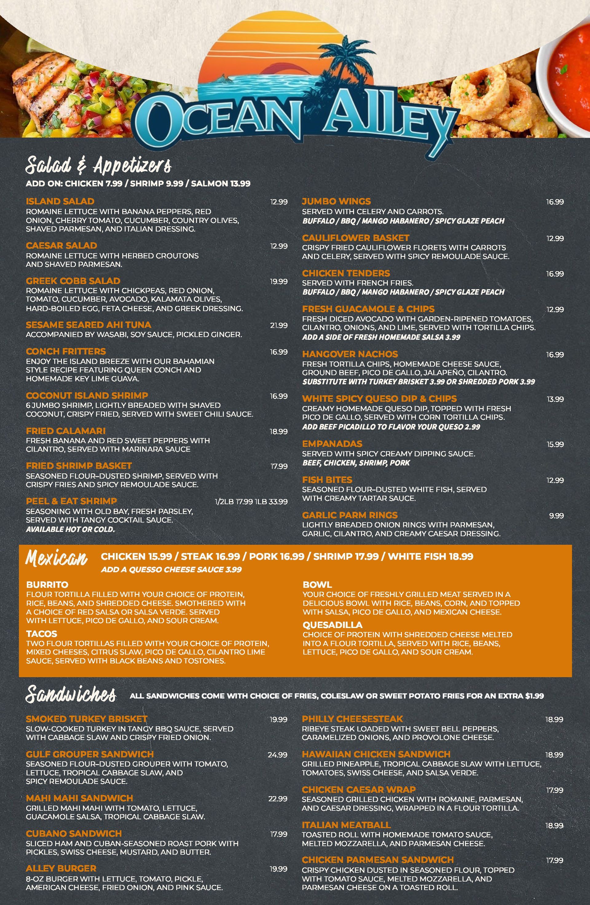 A menu for ocean alley hollywood beach bar and fun beach food.