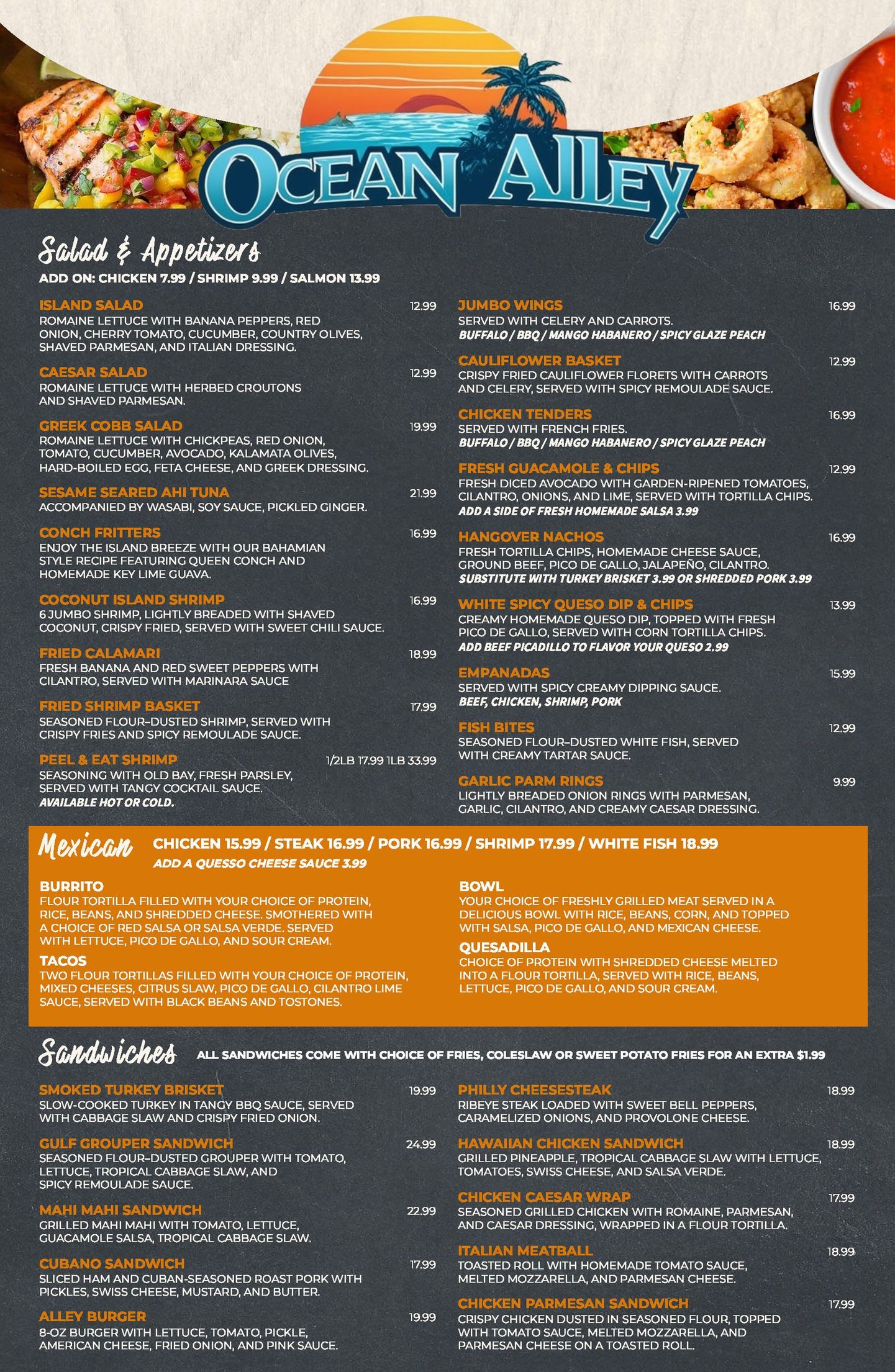 A menu for ocean alley hollywood beach bar and fun beach food.