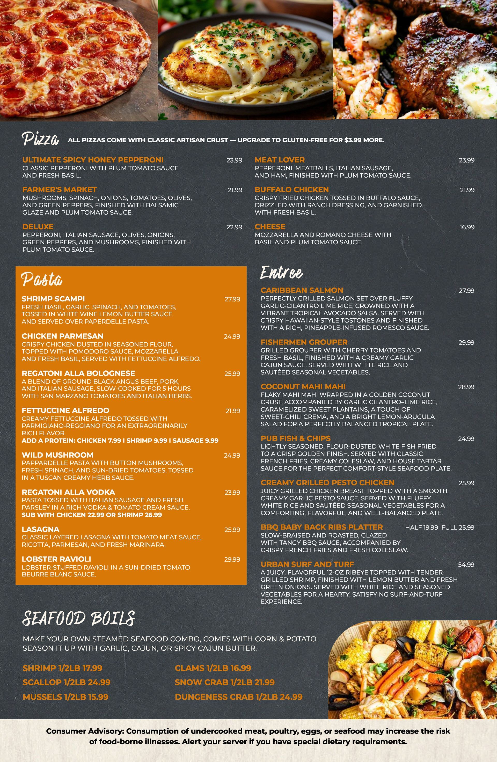 A menu for a restaurant with a bunch of food on it