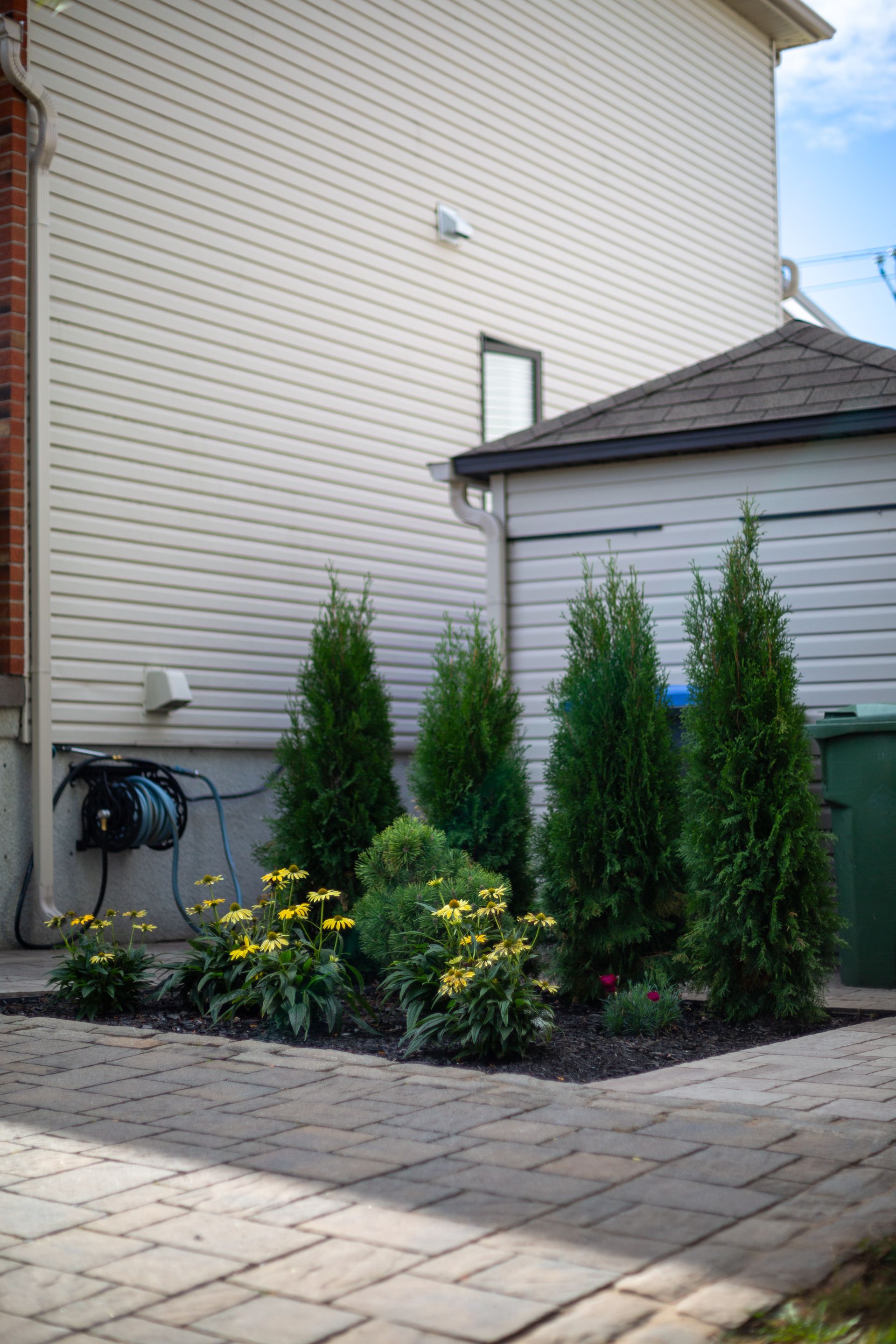 Un patio avec des arbres et des fleurs devant une maison.