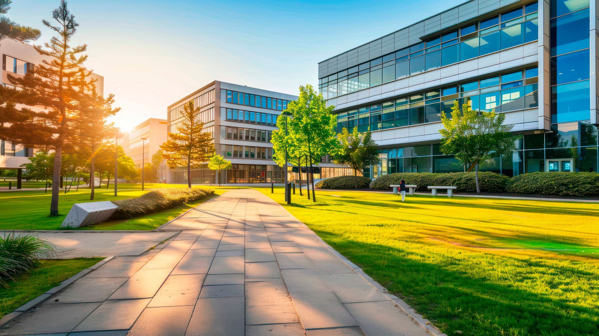 Un homme conduit une tondeuse à gazon sur une pelouse verte luxuriante devant un bâtiment.