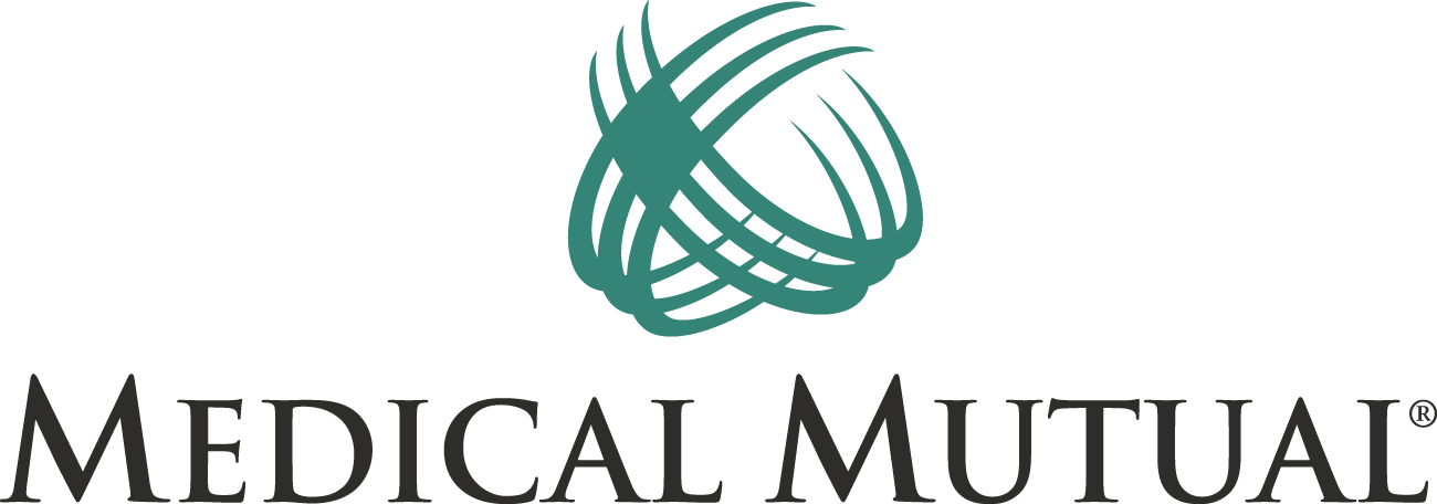 The logo for medical mutual is a green ball with a leaf on it.