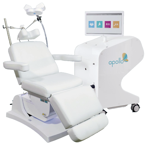 A white apollo tms chair with a monitor on top of it